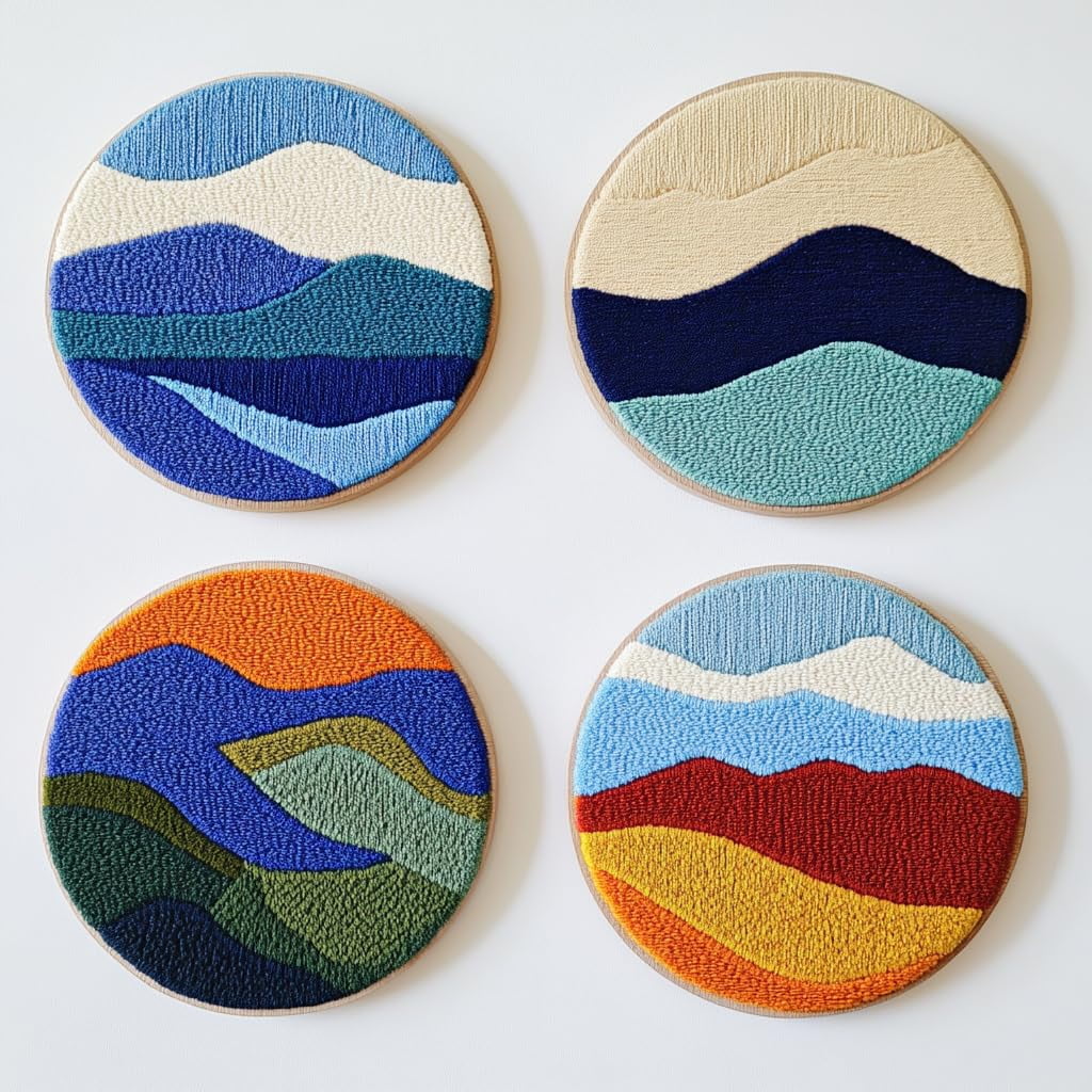 4 Set DIY Punch Needle Coaster Kits Abstract Sea Wave Sunset Flower Easy for Beginners with Adhesive Felt Hoop Punch Needle Embroidery Starter Set with Pattern for Drink Cups Mat Home Decor-16