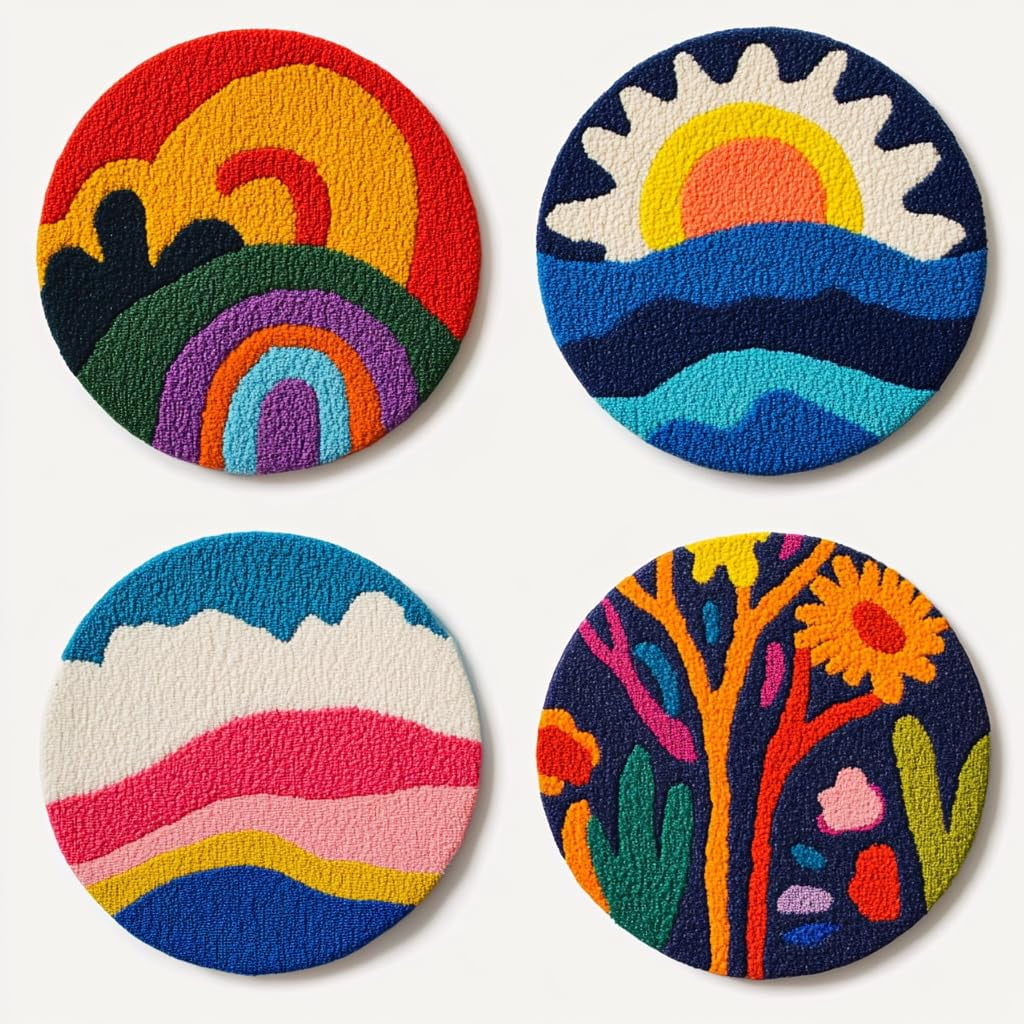 4 Set DIY Punch Needle Coaster Kits Abstract Sea Wave Sunset Flower Easy for Beginners with Adhesive Felt Hoop Punch Needle Embroidery Starter Set with Pattern for Drink Cups Mat Home Decor-29