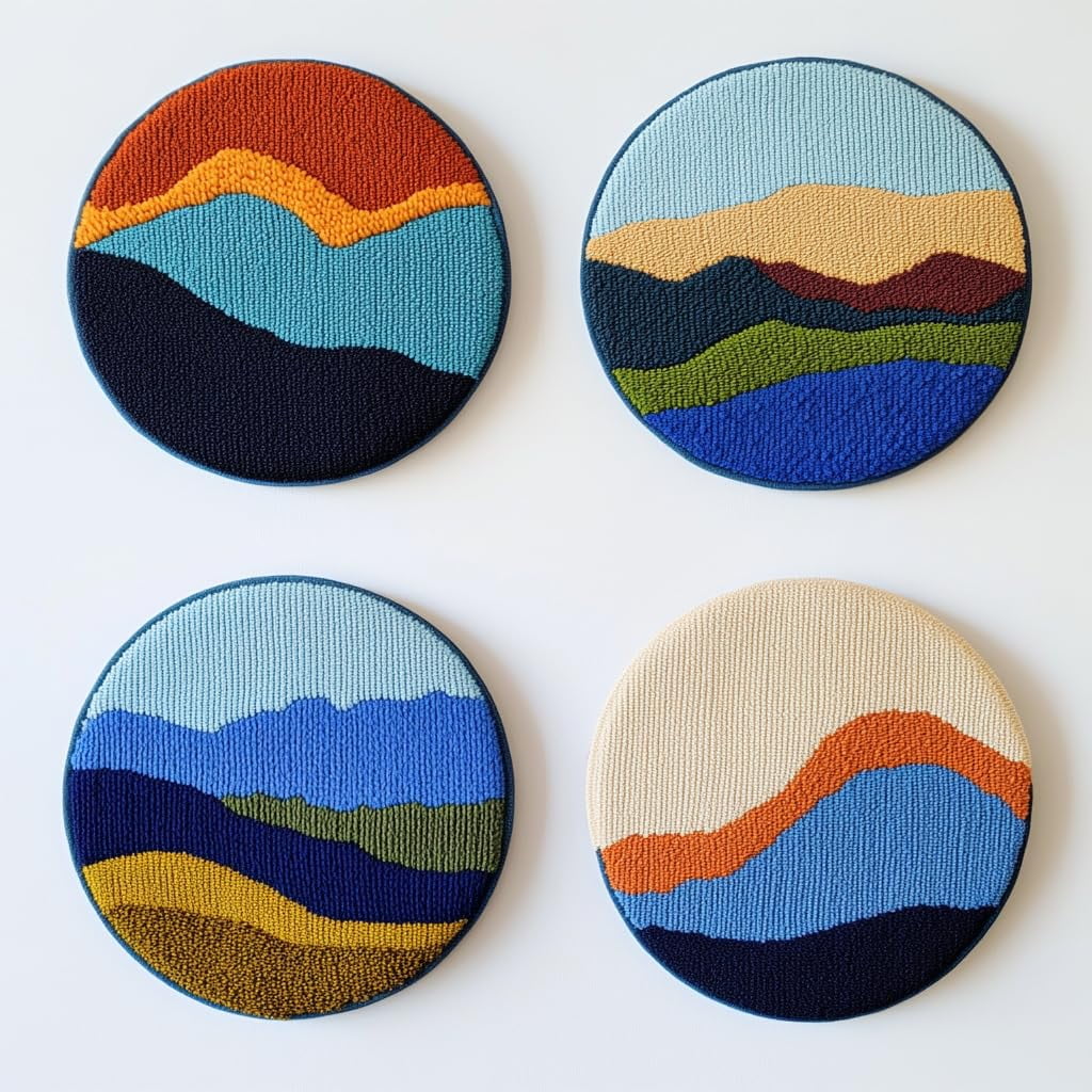 4 Set DIY Punch Needle Coaster Kits Abstract Sea Wave Sunset Flower Easy for Beginners with Adhesive Felt Hoop Punch Needle Embroidery Starter Set with Pattern for Drink Cups Mat Home Decor-14