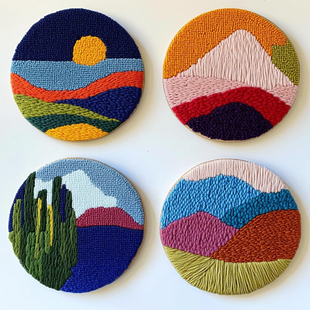 4 Set DIY Punch Needle Coaster Kits Abstract Sea Wave Sunset Flower Easy for Beginners with Adhesive Felt Hoop Punch Needle Embroidery Starter Set with Pattern for Drink Cups Mat Home Decor-4