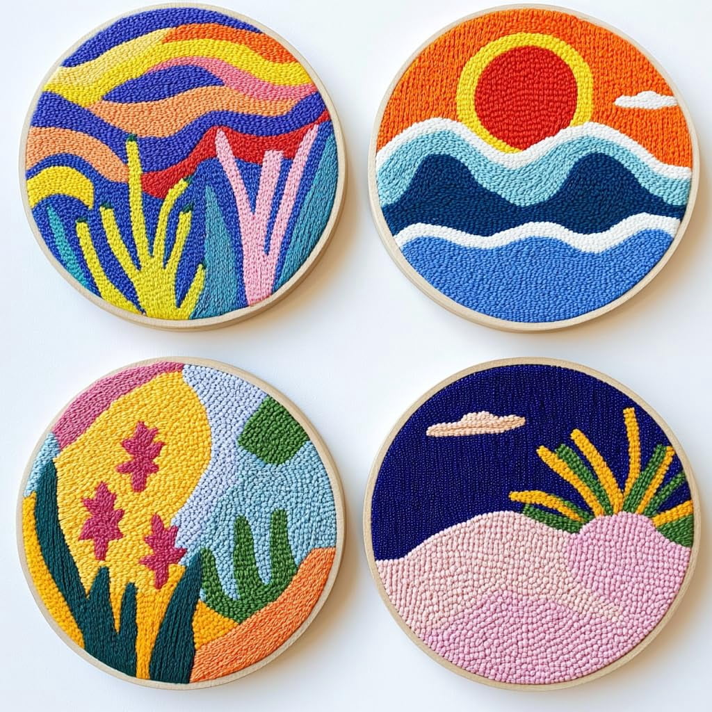4 Set DIY Punch Needle Coaster Kits Abstract Sea Wave Sunset Flower Easy for Beginners with Adhesive Felt Hoop Punch Needle Embroidery Starter Set with Pattern for Drink Cups Mat Home Decor-24