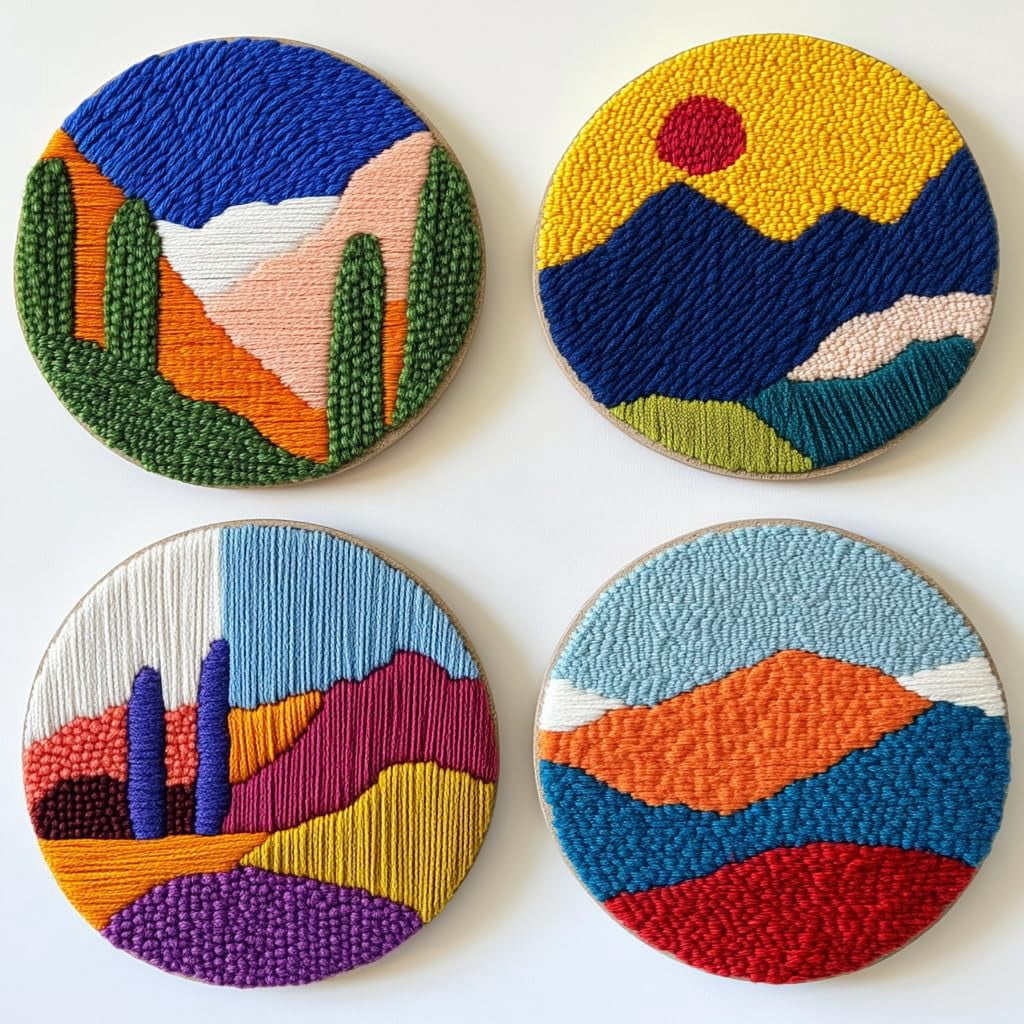 4 Set DIY Punch Needle Coaster Kits Abstract Sea Wave Sunset Flower Easy for Beginners with Adhesive Felt Hoop Punch Needle Embroidery Starter Set with Pattern for Drink Cups Mat Home Decor-23