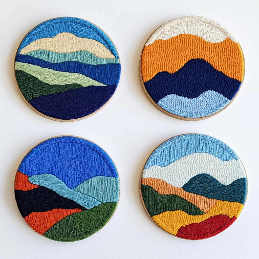 4 Set DIY Punch Needle Coaster Kits Abstract Sea Wave Sunset Flower Easy for Beginners with Adhesive Felt Hoop Punch Needle Embroidery Starter Set with Pattern for Drink Cups Mat Home Decor-25