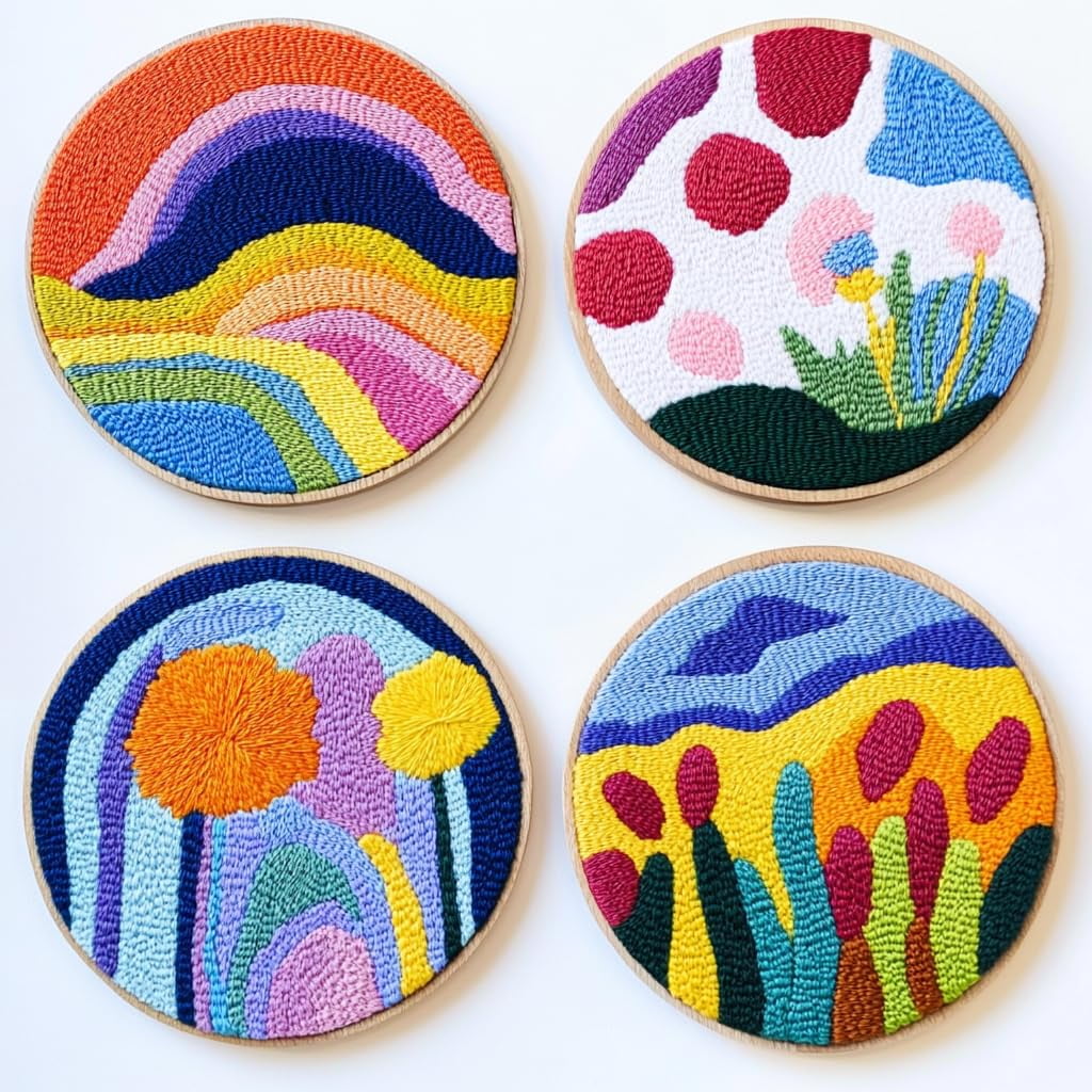4 Set DIY Punch Needle Coaster Kits Abstract Sea Wave Sunset Flower Easy for Beginners with Adhesive Felt Hoop Punch Needle Embroidery Starter Set with Pattern for Drink Cups Mat Home Decor-15