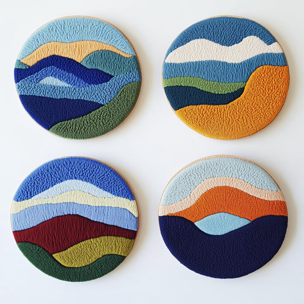 4 Set DIY Punch Needle Coaster Kits Abstract Sea Wave Sunset Flower Easy for Beginners with Adhesive Felt Hoop Punch Needle Embroidery Starter Set with Pattern for Drink Cups Mat Home Decor-3