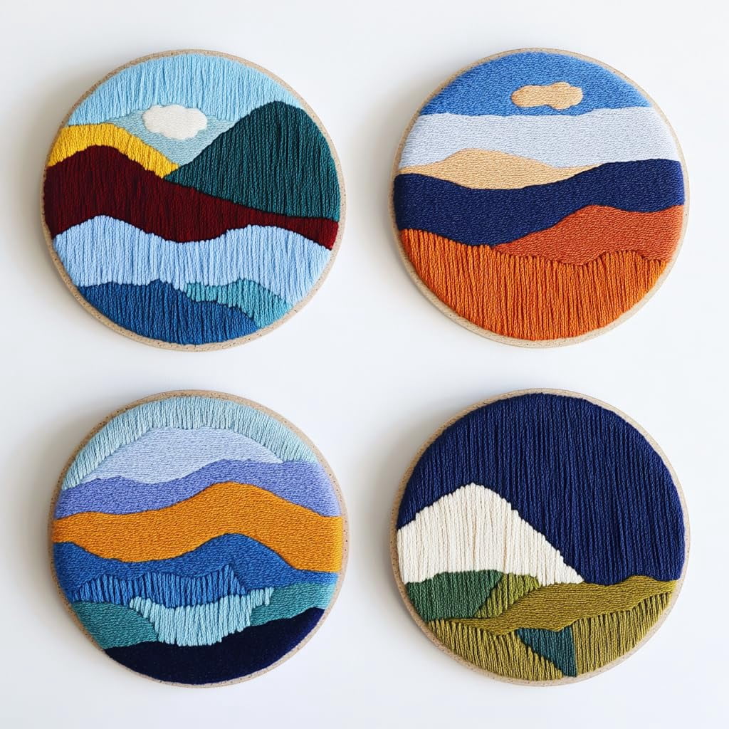 4 Set DIY Punch Needle Coaster Kits Abstract Sea Wave Sunset Flower Easy for Beginners with Adhesive Felt Hoop Punch Needle Embroidery Starter Set with Pattern for Drink Cups Mat Home Decor-2