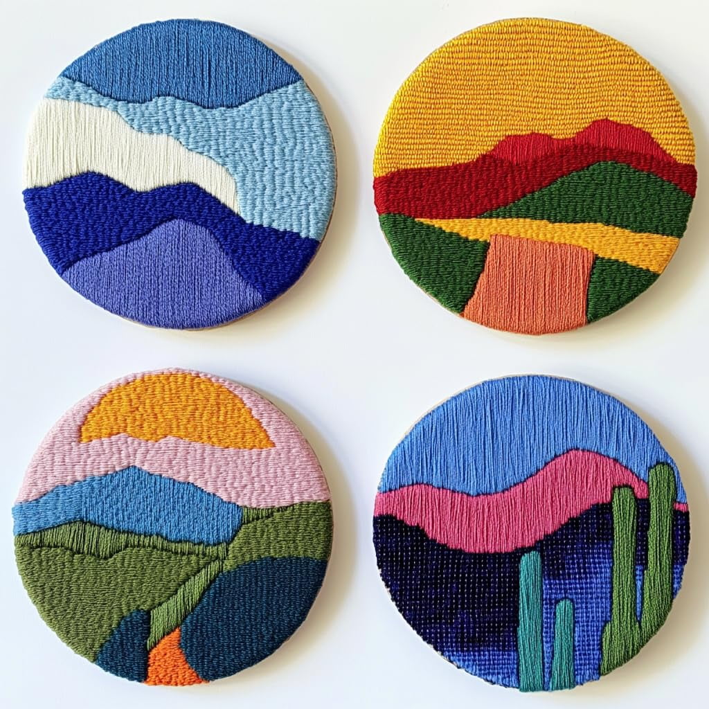 4 Set DIY Punch Needle Coaster Kits Abstract Sea Wave Sunset Flower Easy for Beginners with Adhesive Felt Hoop Punch Needle Embroidery Starter Set with Pattern for Drink Cups Mat Home Decor-18