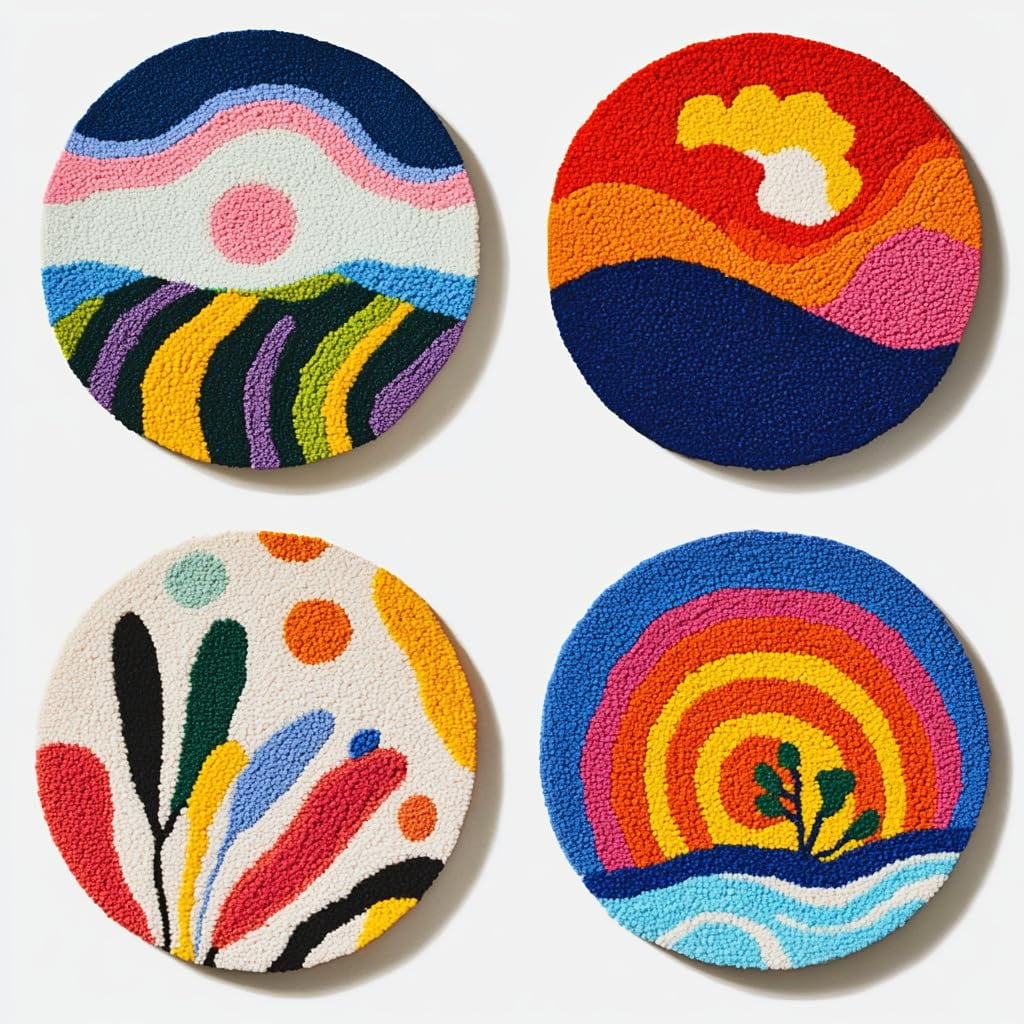 4 Set DIY Punch Needle Coaster Kits Abstract Sea Wave Sunset Flower Easy for Beginners with Adhesive Felt Hoop Punch Needle Embroidery Starter Set with Pattern for Drink Cups Mat Home Decor-6