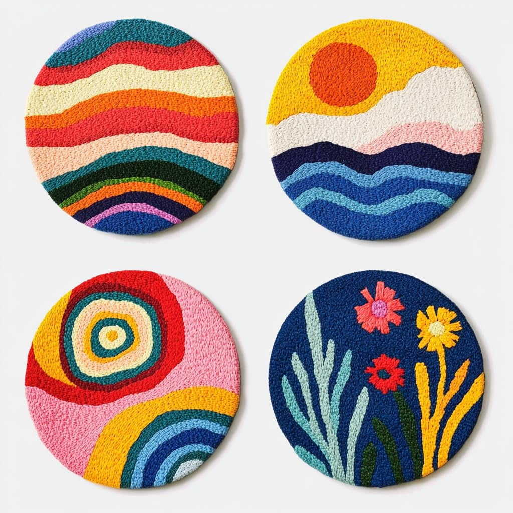 4 Set DIY Punch Needle Coaster Kits Abstract Sea Wave Sunset Flower Easy for Beginners with Adhesive Felt Hoop Punch Needle Embroidery Starter Set with Pattern for Drink Cups Mat Home Decor-13