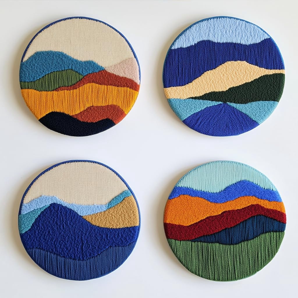 4 Set DIY Punch Needle Coaster Kits Abstract Sea Wave Sunset Flower Easy for Beginners with Adhesive Felt Hoop Punch Needle Embroidery Starter Set with Pattern for Drink Cups Mat Home Decor-21