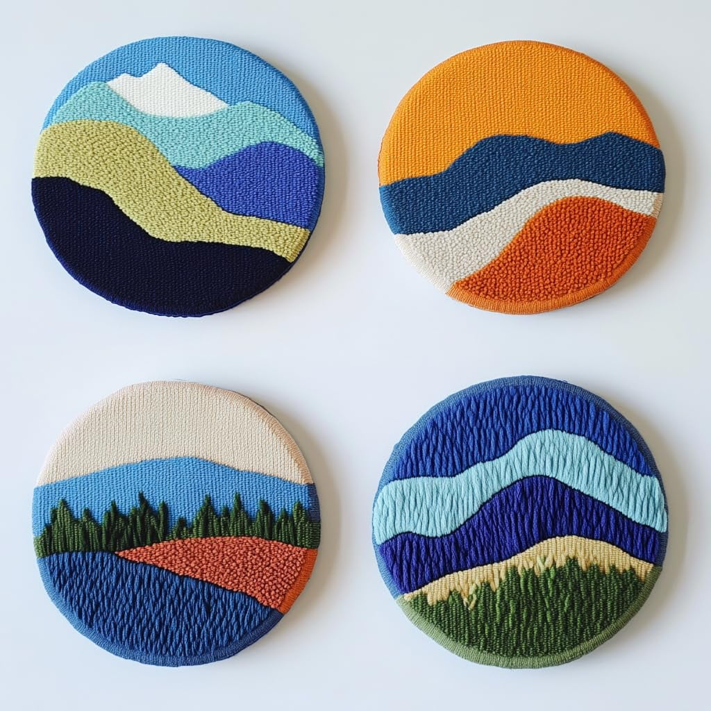 4 Set DIY Punch Needle Coaster Kits Abstract Sea Wave Sunset Flower Easy for Beginners with Adhesive Felt Hoop Punch Needle Embroidery Starter Set with Pattern for Drink Cups Mat Home Decor-9
