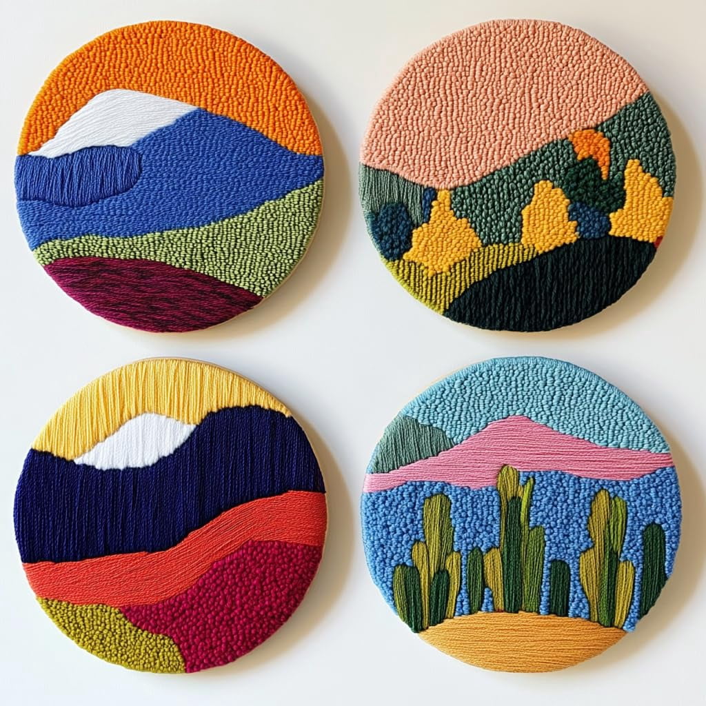 4 Set DIY Punch Needle Coaster Kits Abstract Sea Wave Sunset Flower Easy for Beginners with Adhesive Felt Hoop Punch Needle Embroidery Starter Set with Pattern for Drink Cups Mat Home Decor-22
