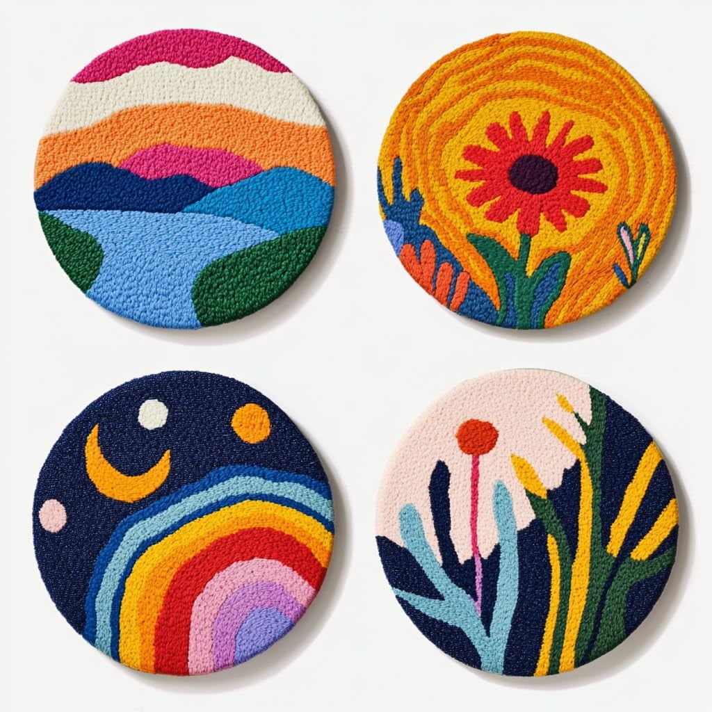 4 Set DIY Punch Needle Coaster Kits Abstract Sea Wave Sunset Flower Easy for Beginners with Adhesive Felt Hoop Punch Needle Embroidery Starter Set with Pattern for Drink Cups Mat Home Decor-26