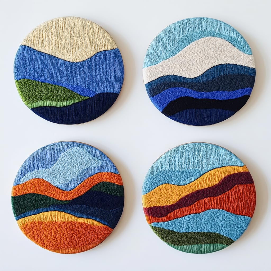 4 Set DIY Punch Needle Coaster Kits Abstract Sea Wave Sunset Flower Easy for Beginners with Adhesive Felt Hoop Punch Needle Embroidery Starter Set with Pattern for Drink Cups Mat Home Decor-1