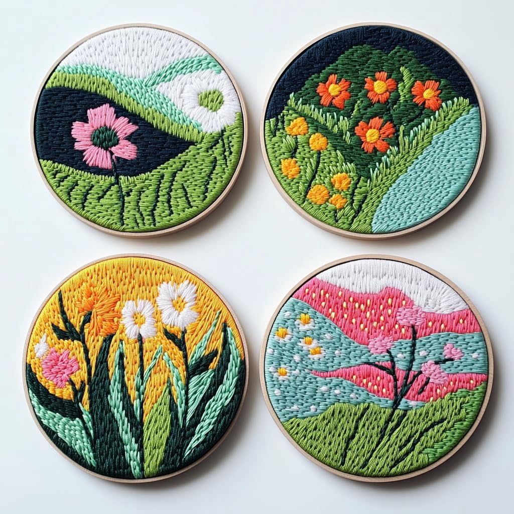 4 Set DIY Punch Needle Coaster Kits Beautiful Cute Flowers Field Easy for Beginners with Adhesive Felt Hoop Punch Needle Embroidery Starter Set with Pattern for Drink Cups Mat Home Decor-24
