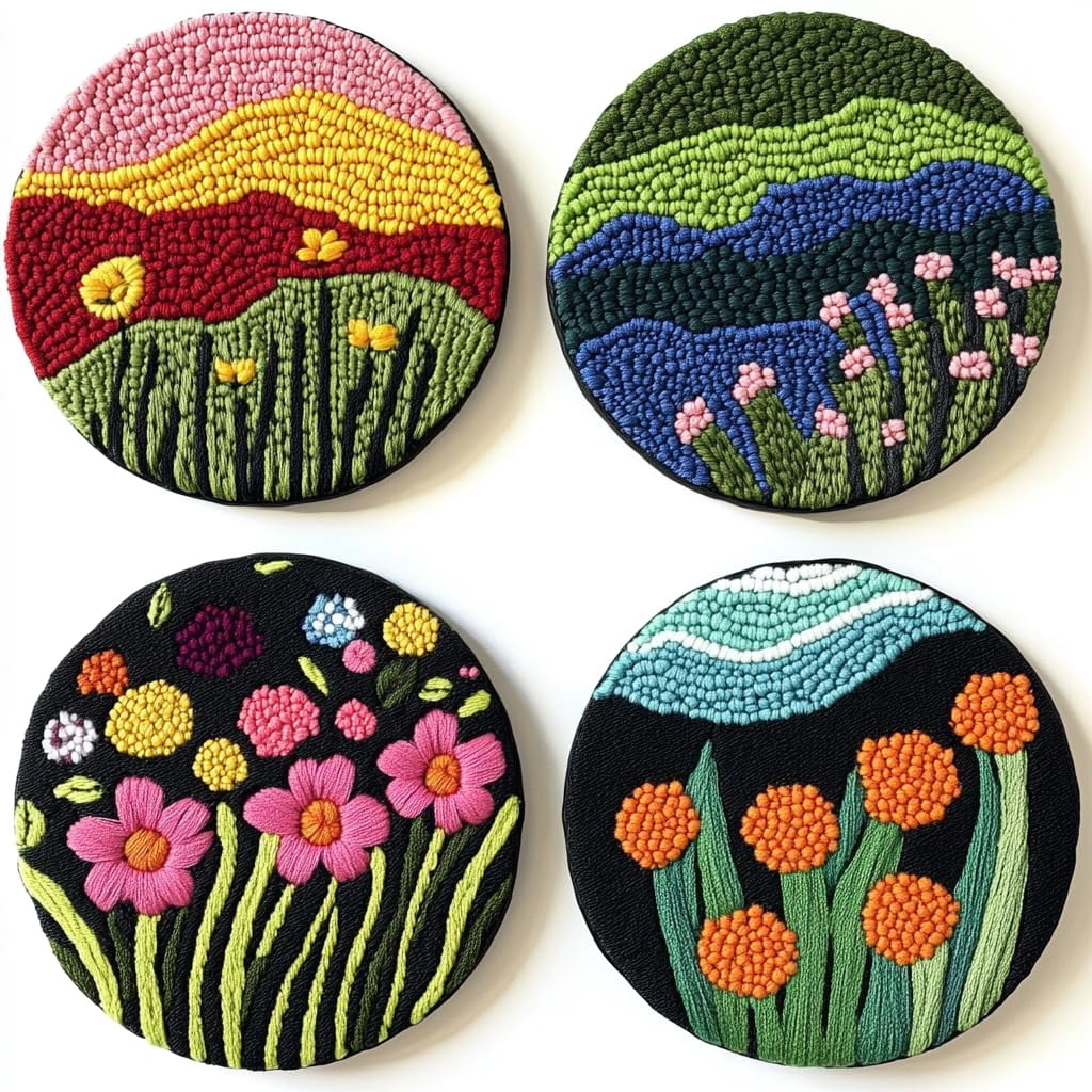4 Set DIY Punch Needle Coaster Kits Beautiful Cute Flowers Field Easy for Beginners with Adhesive Felt Hoop Punch Needle Embroidery Starter Set with Pattern for Drink Cups Mat Home Decor-1