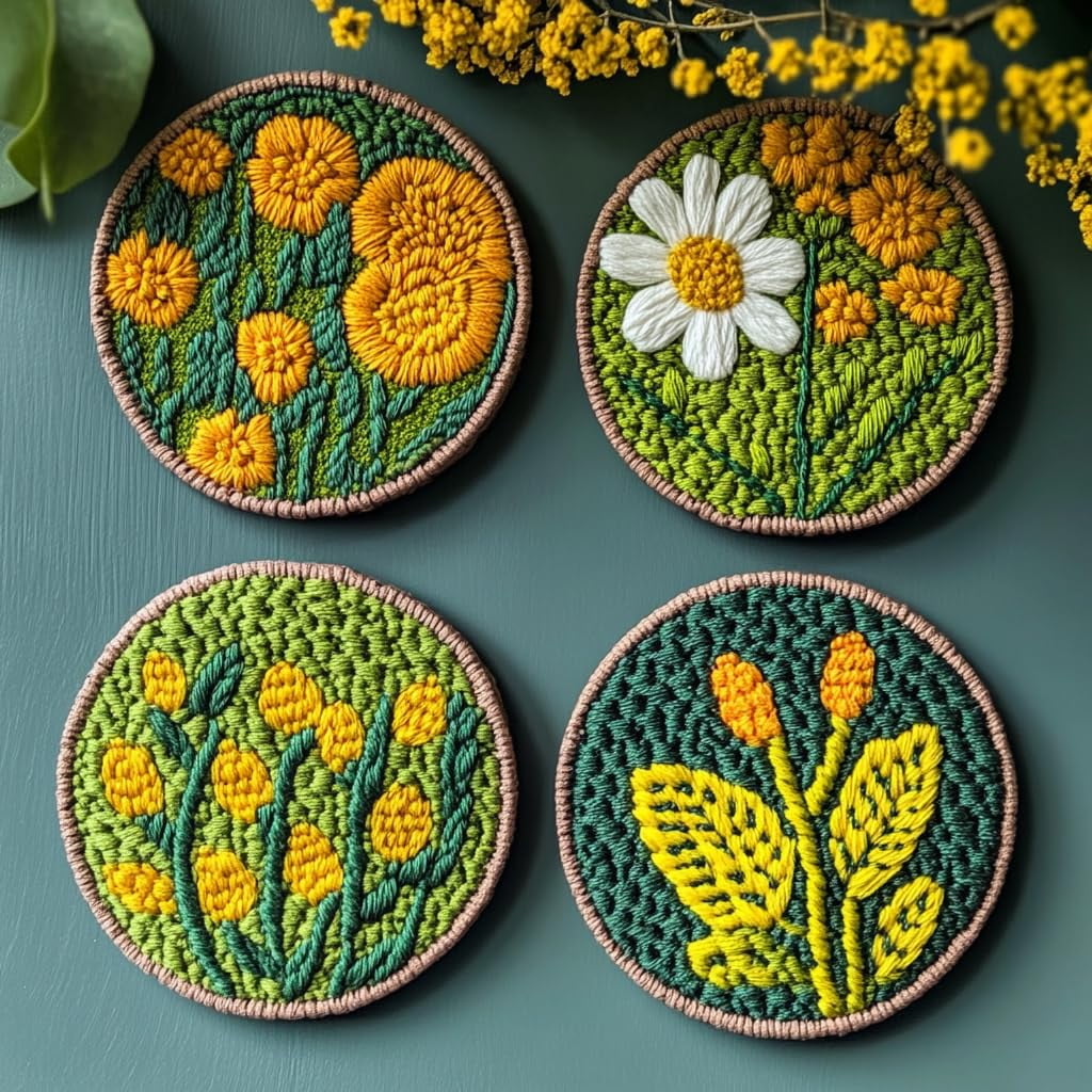 4 Set DIY Punch Needle Coaster Kits Beautiful Cute Flowers Field Easy for Beginners with Adhesive Felt Hoop Punch Needle Embroidery Starter Set with Pattern for Drink Cups Mat Home Decor-31