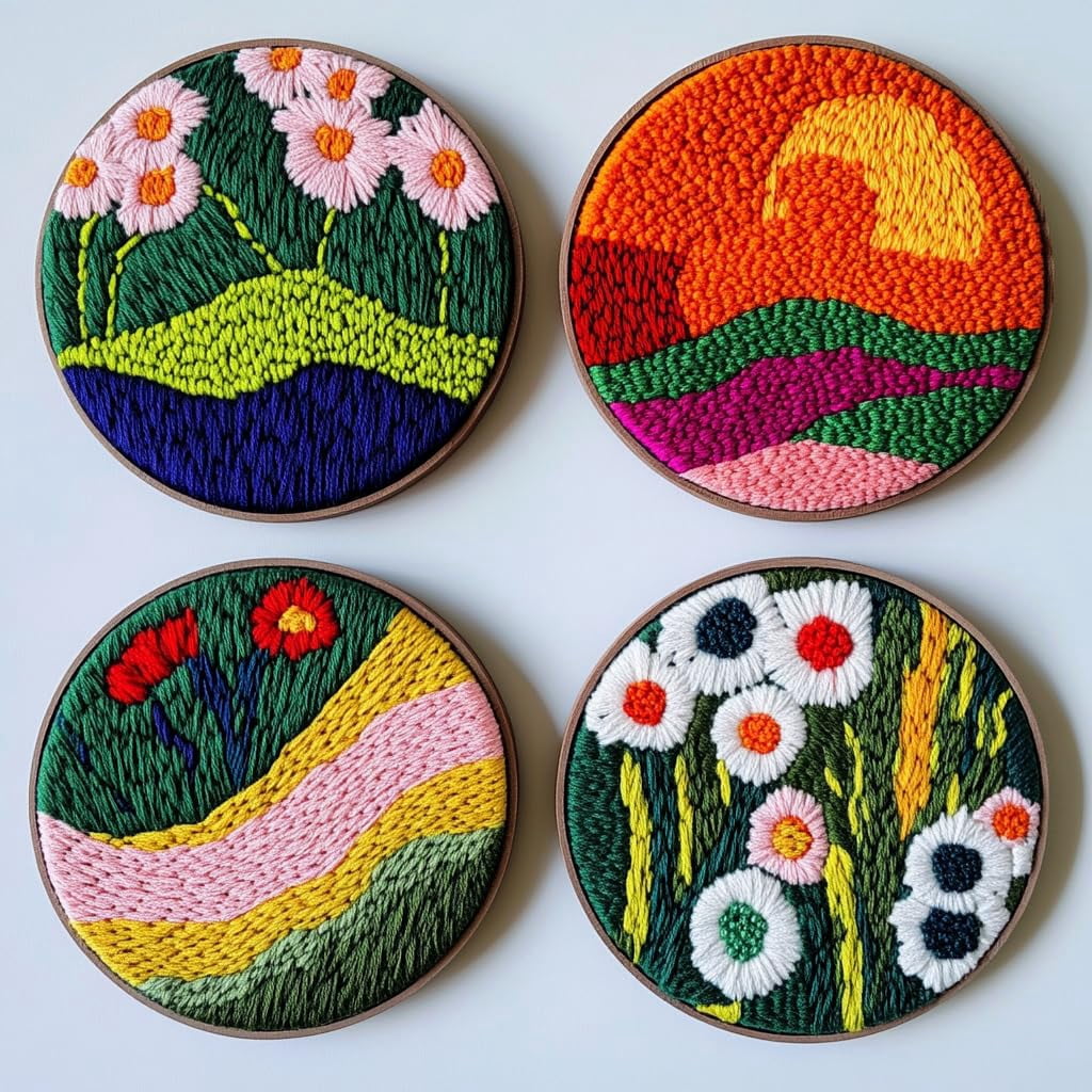 4 Set DIY Punch Needle Coaster Kits Beautiful Cute Flowers Field Easy for Beginners with Adhesive Felt Hoop Punch Needle Embroidery Starter Set with Pattern for Drink Cups Mat Home Decor-19