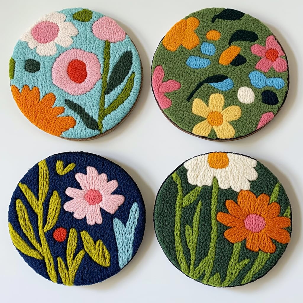 4 Set DIY Punch Needle Coaster Kits Beautiful Cute Flowers Field Easy for Beginners with Adhesive Felt Hoop Punch Needle Embroidery Starter Set with Pattern for Drink Cups Mat Home Decor-26
