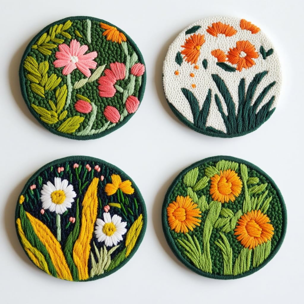 4 Set DIY Punch Needle Coaster Kits Beautiful Cute Flowers Field Easy for Beginners with Adhesive Felt Hoop Punch Needle Embroidery Starter Set with Pattern for Drink Cups Mat Home Decor-44