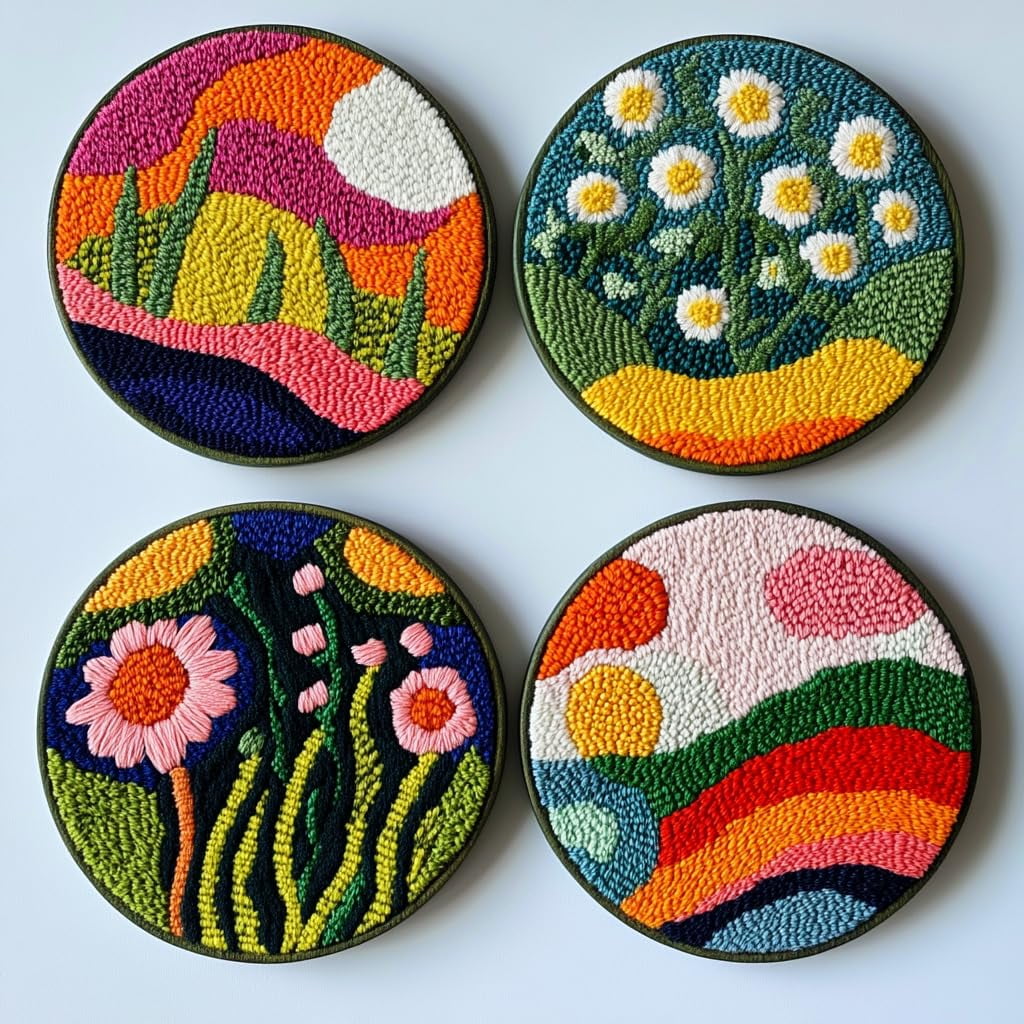 4 Set DIY Punch Needle Coaster Kits Beautiful Cute Flowers Field Easy for Beginners with Adhesive Felt Hoop Punch Needle Embroidery Starter Set with Pattern for Drink Cups Mat Home Decor-21