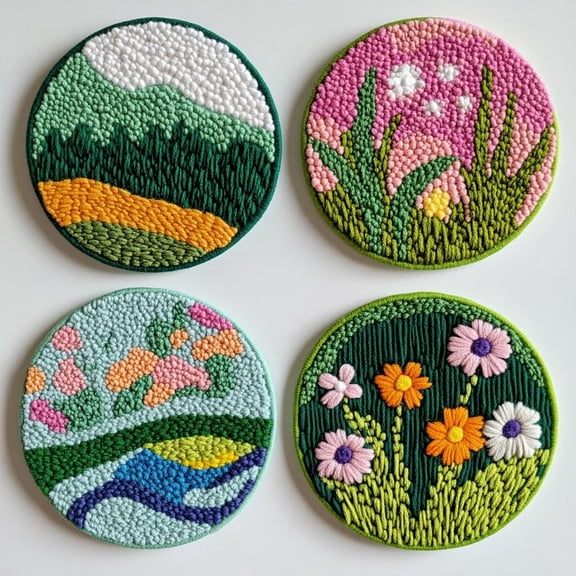 4 Set DIY Punch Needle Coaster Kits Beautiful Cute Flowers Field Easy for Beginners with Adhesive Felt Hoop Punch Needle Embroidery Starter Set with Pattern for Drink Cups Mat Home Decor-32