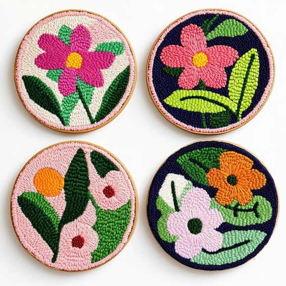 4 Set DIY Punch Needle Coaster Kits Beautiful Cute Flowers Field Easy for Beginners with Adhesive Felt Hoop Punch Needle Embroidery Starter Set with Pattern for Drink Cups Mat Home Decor-45
