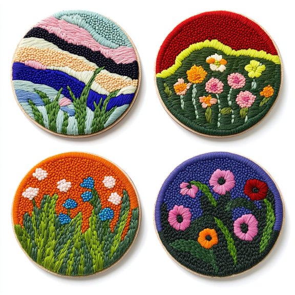 4 Set DIY Punch Needle Coaster Kits Beautiful Cute Flowers Field Easy for Beginners with Adhesive Felt Hoop Punch Needle Embroidery Starter Set with Pattern for Drink Cups Mat Home Decor-35