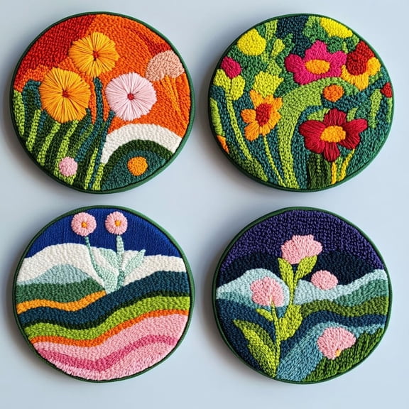 4 Set DIY Punch Needle Coaster Kits Beautiful Cute Flowers Field Easy for Beginners with Adhesive Felt Hoop Punch Needle Embroidery Starter Set with Pattern for Drink Cups Mat Home Decor-18