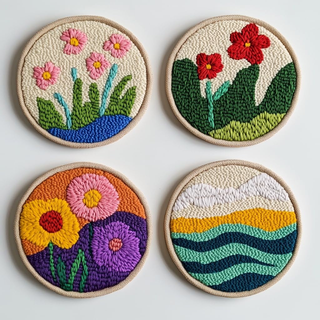 4 Set DIY Punch Needle Coaster Kits Beautiful Cute Flowers Field Easy for Beginners with Adhesive Felt Hoop Punch Needle Embroidery Starter Set with Pattern for Drink Cups Mat Home Decor-11