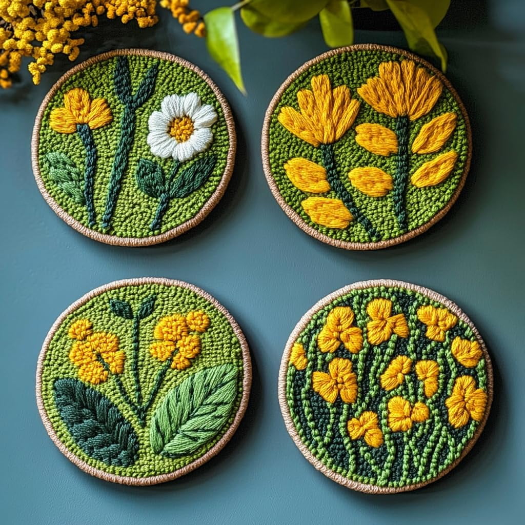 4 Set DIY Punch Needle Coaster Kits Beautiful Cute Flowers Field Easy for Beginners with Adhesive Felt Hoop Punch Needle Embroidery Starter Set with Pattern for Drink Cups Mat Home Decor-13