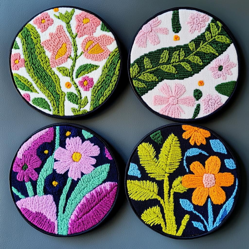 4 Set DIY Punch Needle Coaster Kits Beautiful Cute Flowers Field Easy for Beginners with Adhesive Felt Hoop Punch Needle Embroidery Starter Set with Pattern for Drink Cups Mat Home Decor-46