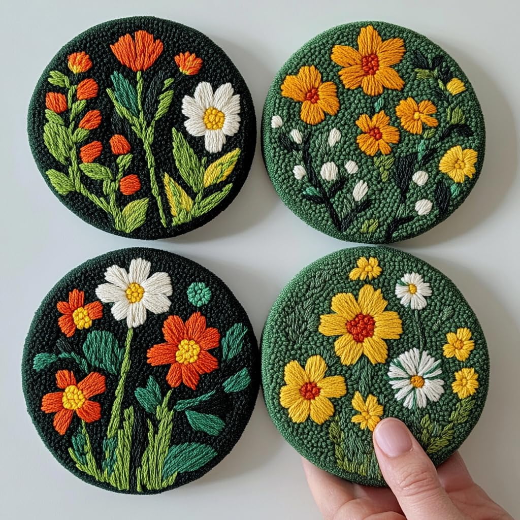 4 Set DIY Punch Needle Coaster Kits Beautiful Cute Flowers Field Easy for Beginners with Adhesive Felt Hoop Punch Needle Embroidery Starter Set with Pattern for Drink Cups Mat Home Decor-28