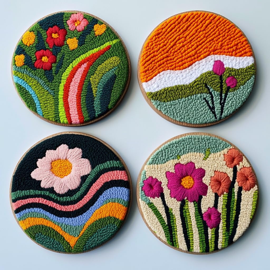 4 Set DIY Punch Needle Coaster Kits Beautiful Cute Flowers Field Easy for Beginners with Adhesive Felt Hoop Punch Needle Embroidery Starter Set with Pattern for Drink Cups Mat Home Decor-43