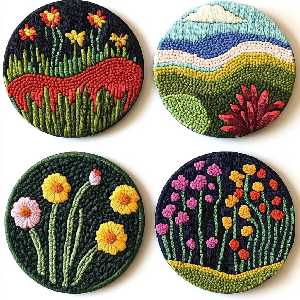 4 Set DIY Punch Needle Coaster Kits Beautiful Cute Flowers Field Easy for Beginners with Adhesive Felt Hoop Punch Needle Embroidery Starter Set with Pattern for Drink Cups Mat Home Decor-34