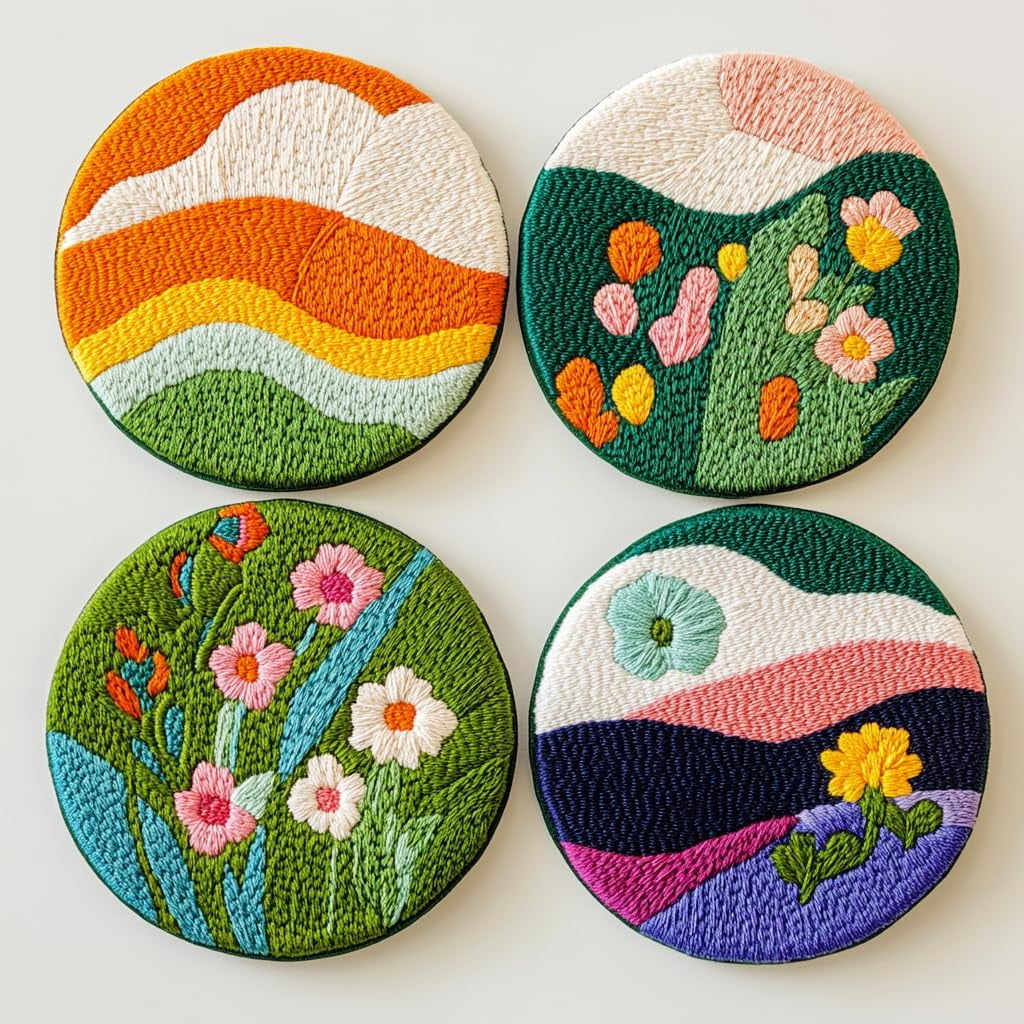 4 Set DIY Punch Needle Coaster Kits Beautiful Cute Flowers Field Easy for Beginners with Adhesive Felt Hoop Punch Needle Embroidery Starter Set with Pattern for Drink Cups Mat Home Decor-12