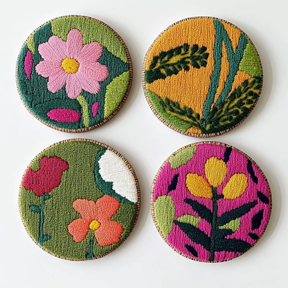 4 Set DIY Punch Needle Coaster Kits Beautiful Cute Flowers Field Easy for Beginners with Adhesive Felt Hoop Punch Needle Embroidery Starter Set with Pattern for Drink Cups Mat Home Decor-47