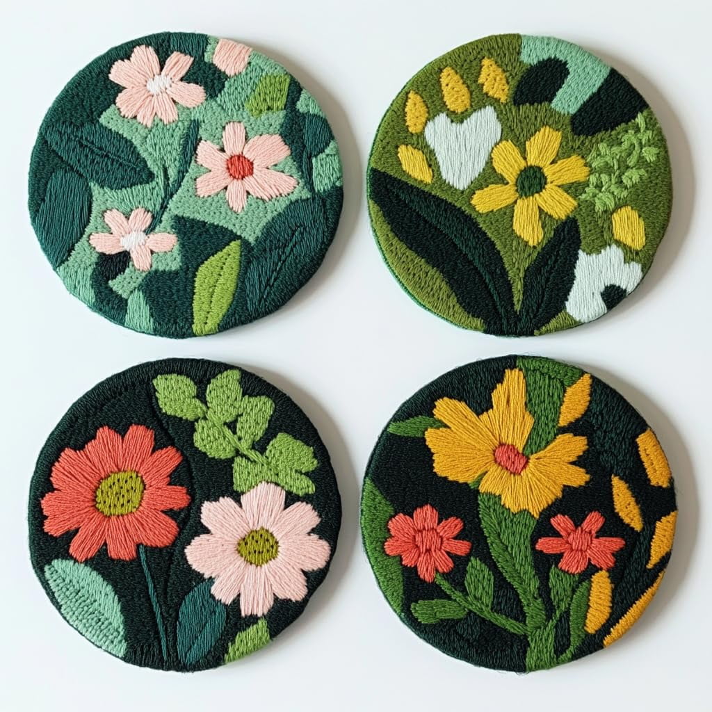 4 Set DIY Punch Needle Coaster Kits Beautiful Cute Flowers Field Easy for Beginners with Adhesive Felt Hoop Punch Needle Embroidery Starter Set with Pattern for Drink Cups Mat Home Decor-33