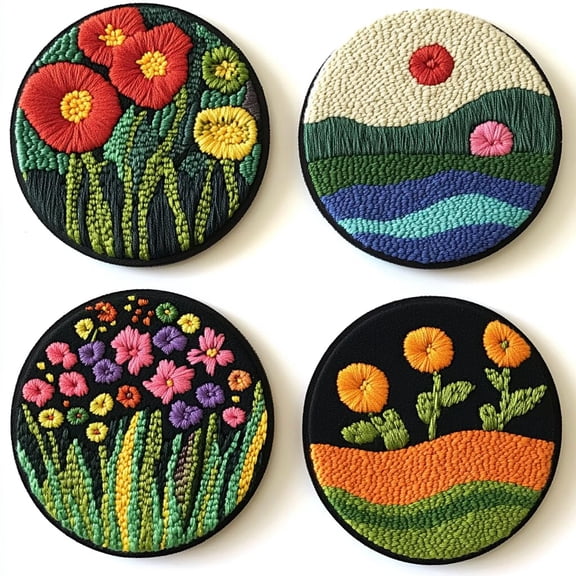 4 Set DIY Punch Needle Coaster Kits Beautiful Cute Flowers Field Easy for Beginners with Adhesive Felt Hoop Punch Needle Embroidery Starter Set with Pattern for Drink Cups Mat Home Decor-30