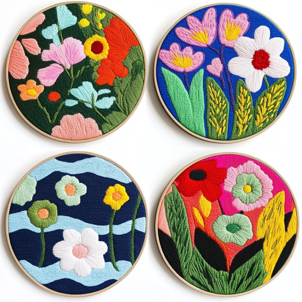 4 Set DIY Punch Needle Coaster Kits Beautiful Cute Flowers Field Easy for Beginners with Adhesive Felt Hoop Punch Needle Embroidery Starter Set with Pattern for Drink Cups Mat Home Decor-15