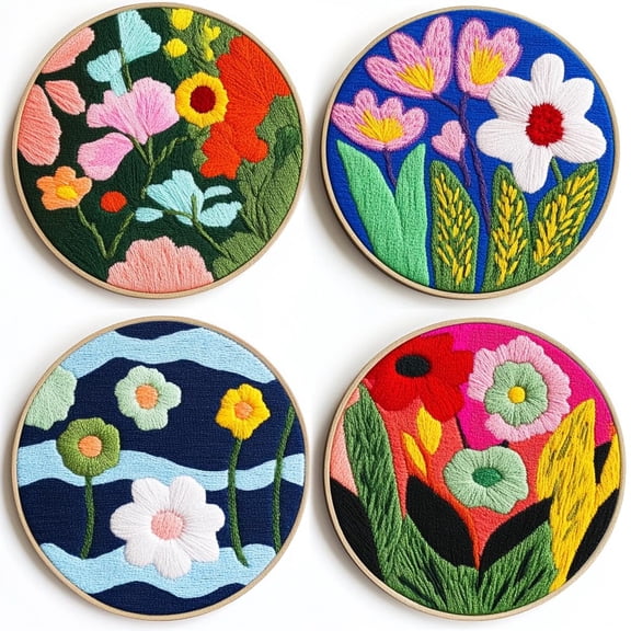 4 Set DIY Punch Needle Coaster Kits Beautiful Cute Flowers Field Easy for Beginners with Adhesive Felt Hoop Punch Needle Embroidery Starter Set with Pattern for Drink Cups Mat Home Decor-15