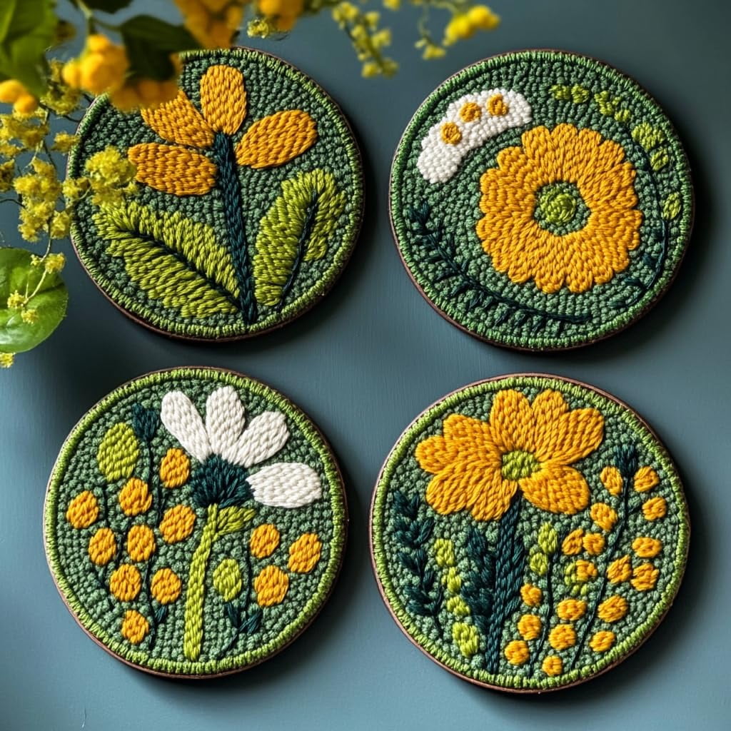4 Set DIY Punch Needle Coaster Kits Beautiful Cute Flowers Field Easy for Beginners with Adhesive Felt Hoop Punch Needle Embroidery Starter Set with Pattern for Drink Cups Mat Home Decor-39