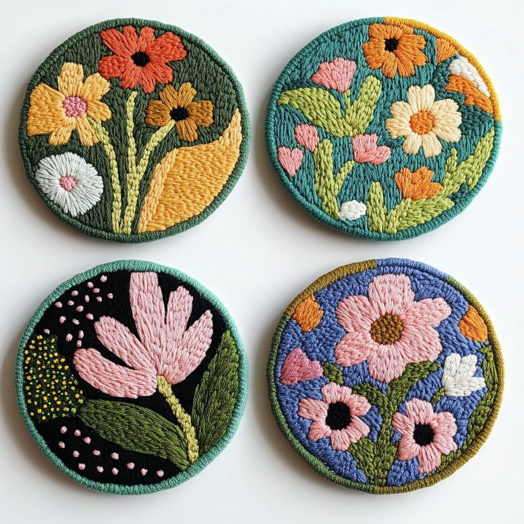4 Set DIY Punch Needle Coaster Kits Beautiful Cute Flowers Field Easy for Beginners with Adhesive Felt Hoop Punch Needle Embroidery Starter Set with Pattern for Drink Cups Mat Home Decor-23
