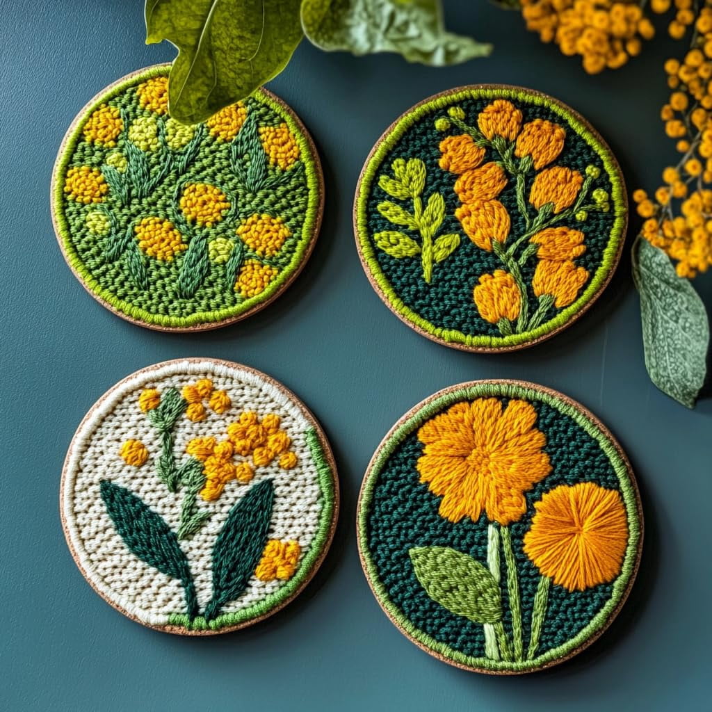 4 Set DIY Punch Needle Coaster Kits Beautiful Cute Flowers Field Easy for Beginners with Adhesive Felt Hoop Punch Needle Embroidery Starter Set with Pattern for Drink Cups Mat Home Decor-16