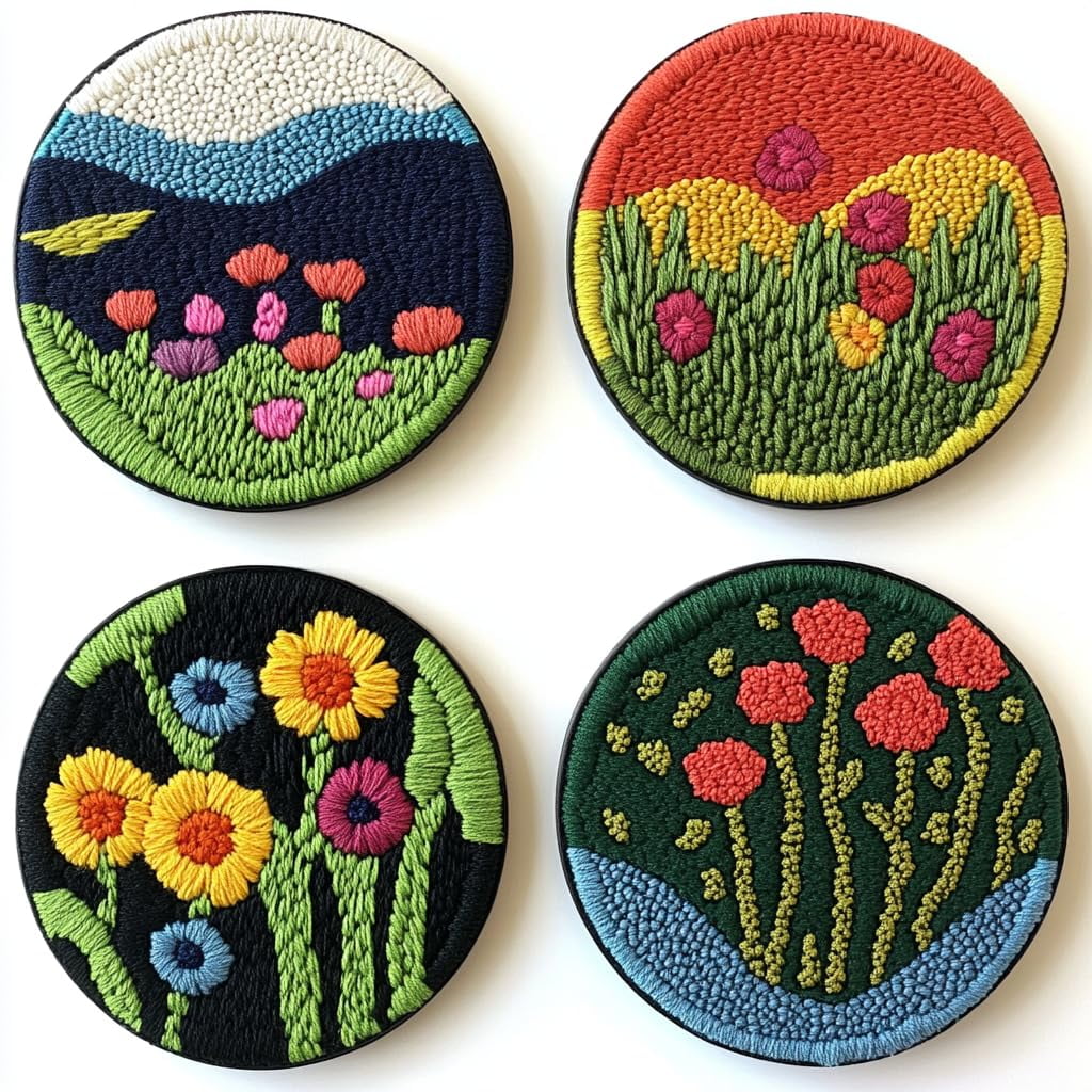 4 Set DIY Punch Needle Coaster Kits Beautiful Cute Flowers Field Easy for Beginners with Adhesive Felt Hoop Punch Needle Embroidery Starter Set with Pattern for Drink Cups Mat Home Decor-9