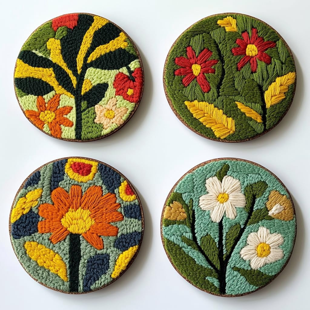 4 Set DIY Punch Needle Coaster Kits Beautiful Cute Flowers Field Easy for Beginners with Adhesive Felt Hoop Punch Needle Embroidery Starter Set with Pattern for Drink Cups Mat Home Decor-22