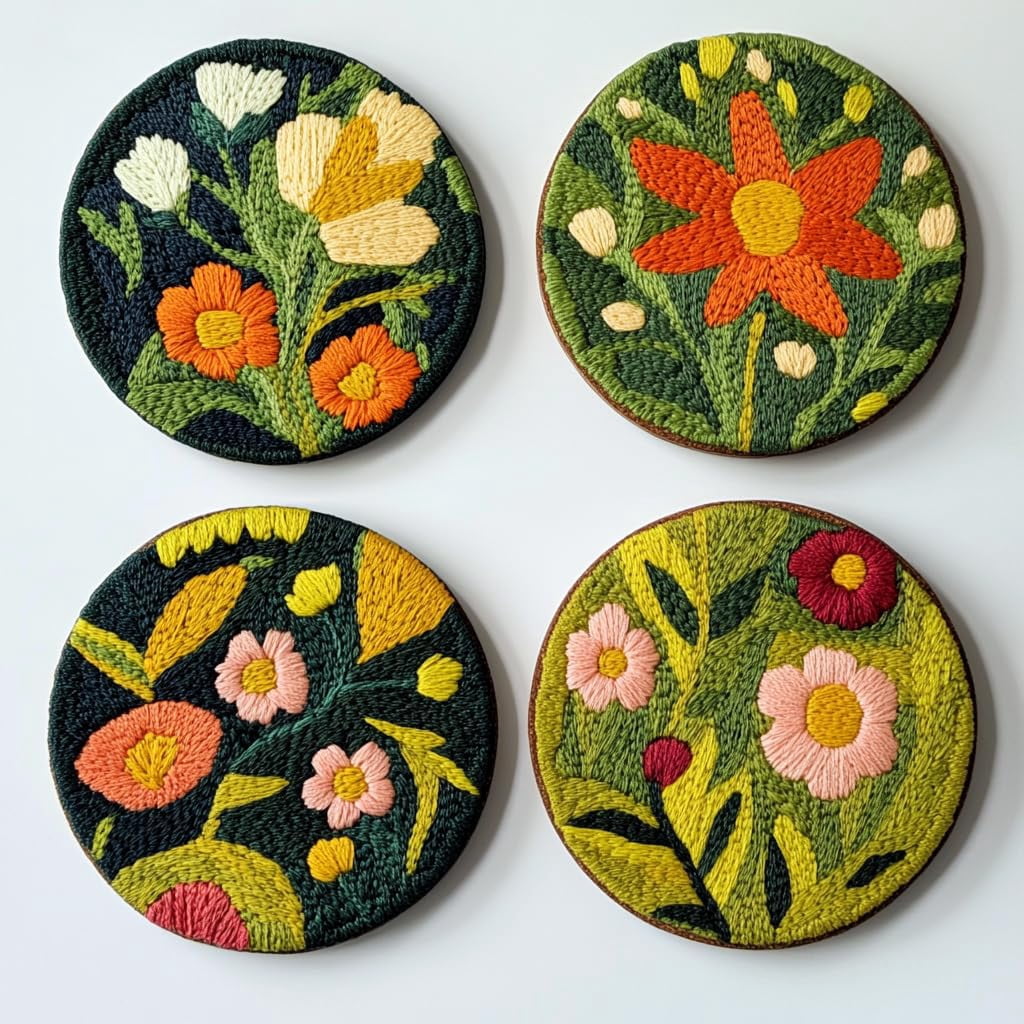 4 Set DIY Punch Needle Coaster Kits Beautiful Cute Flowers Field Easy for Beginners with Adhesive Felt Hoop Punch Needle Embroidery Starter Set with Pattern for Drink Cups Mat Home Decor-3
