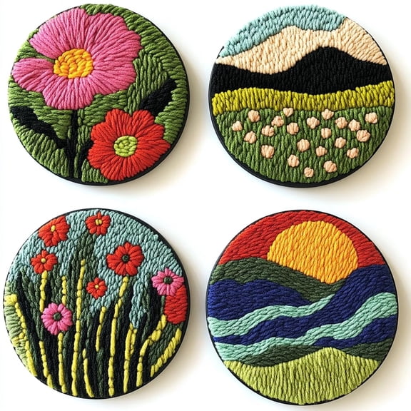 4 Set DIY Punch Needle Coaster Kits Beautiful Cute Flowers Field Easy for Beginners with Adhesive Felt Hoop Punch Needle Embroidery Starter Set with Pattern for Drink Cups Mat Home Decor-29