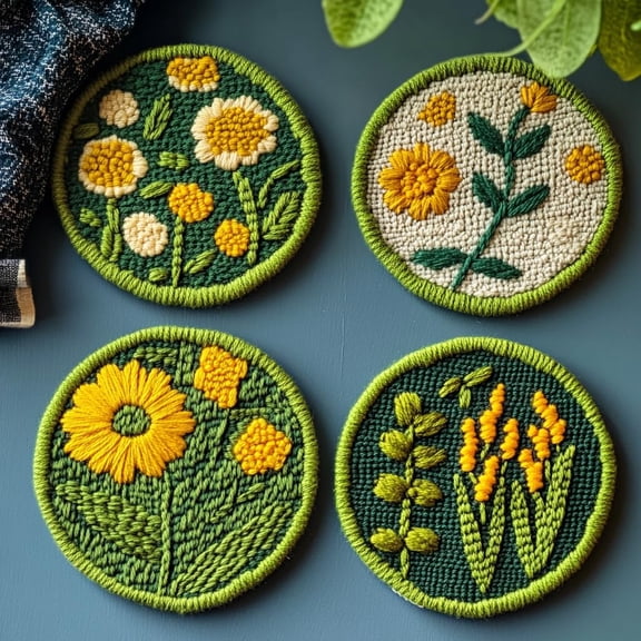 4 Set DIY Punch Needle Coaster Kits Beautiful Cute Flowers Field Easy for Beginners with Adhesive Felt Hoop Punch Needle Embroidery Starter Set with Pattern for Drink Cups Mat Home Decor-25