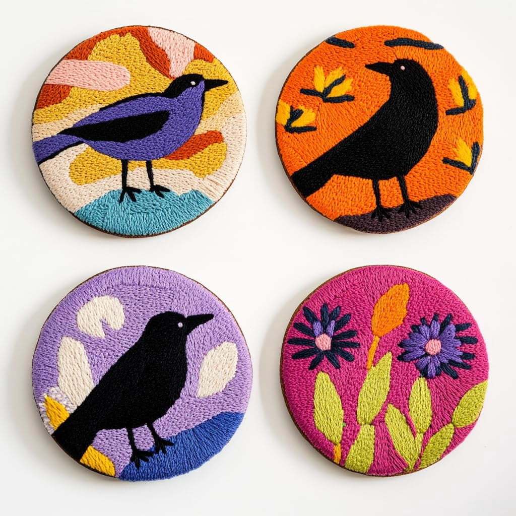 4 Set DIY Punch Needle Coaster Kits Black Crow Sunset Easy for Beginners with Adhesive Felt Hoop Punch Needle Embroidery Starter Set with Pattern for Drink Cups Mat Home Decor-1